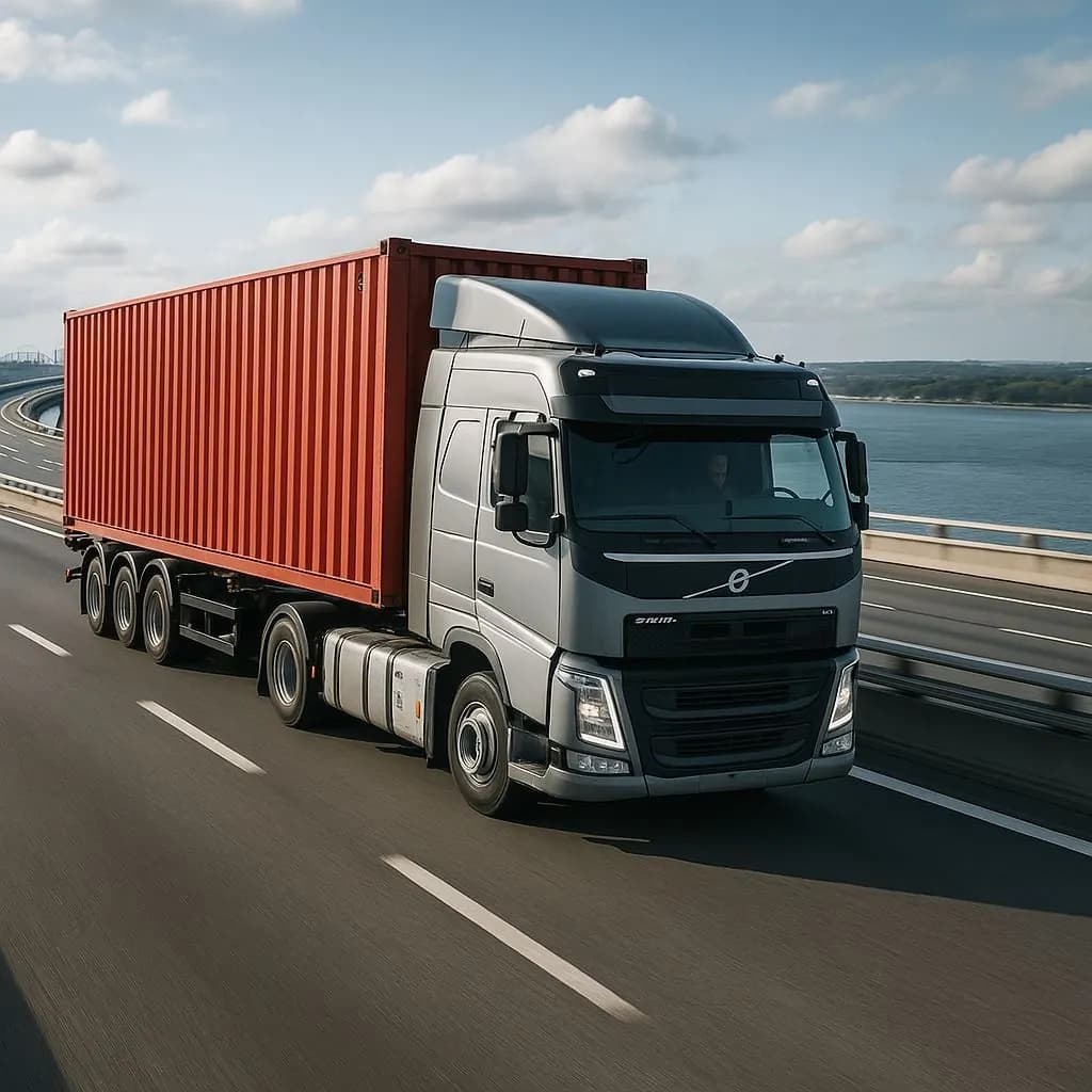 Truck carrying a red container on a highway