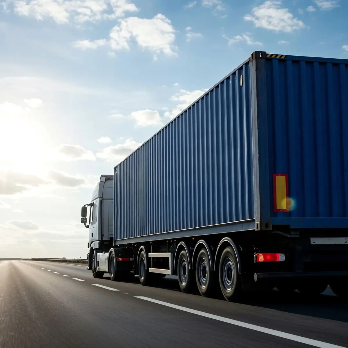 Container truck driving on an open road