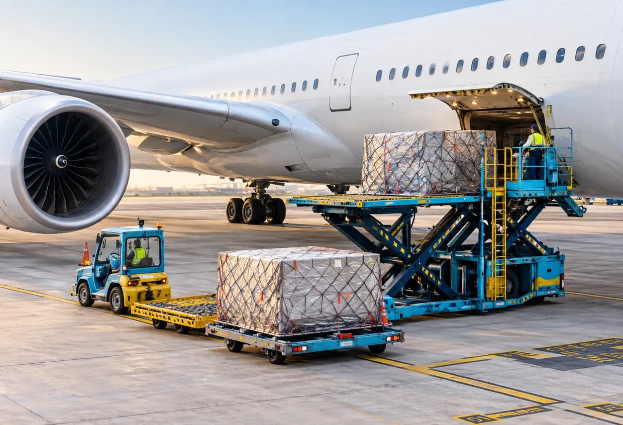 Air cargo pallets being loaded through the nose door of a freighter aircraft