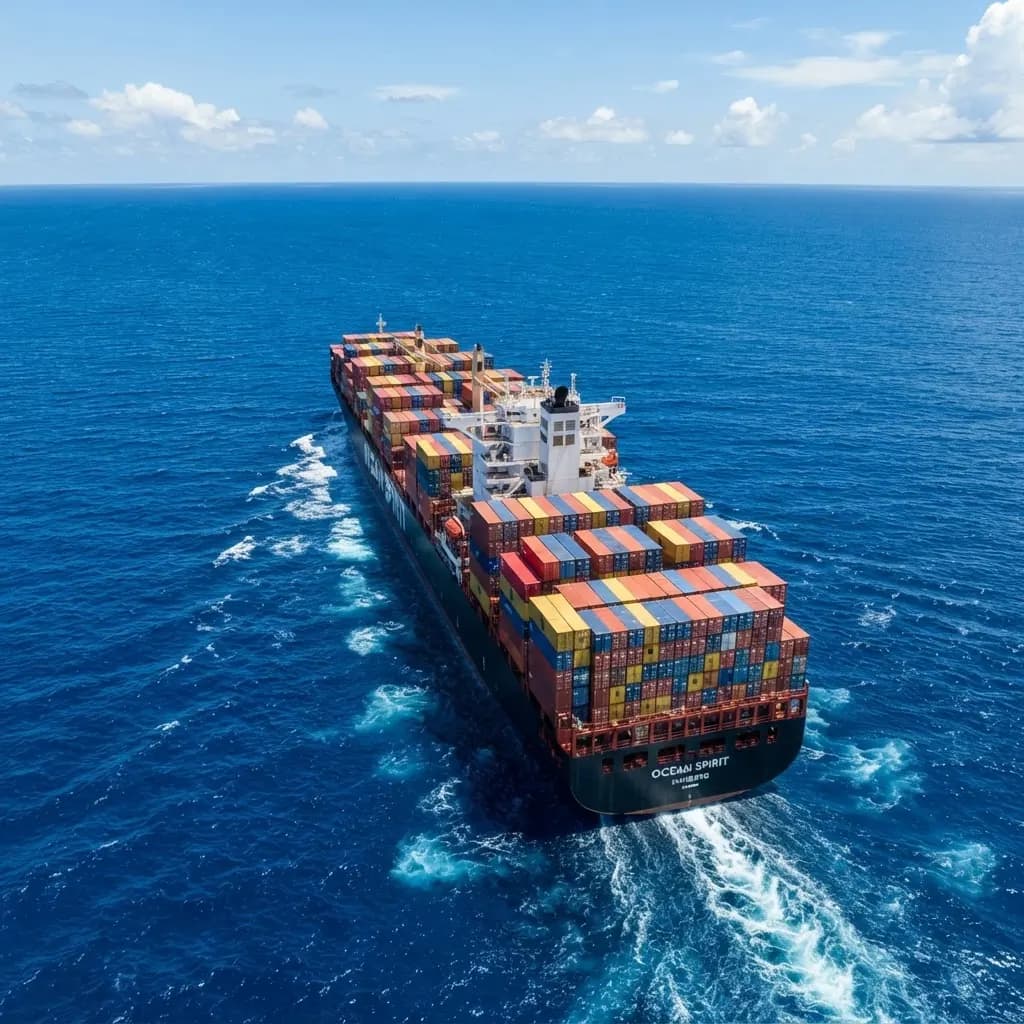 Aerial view of a loaded container ship crossing open sea