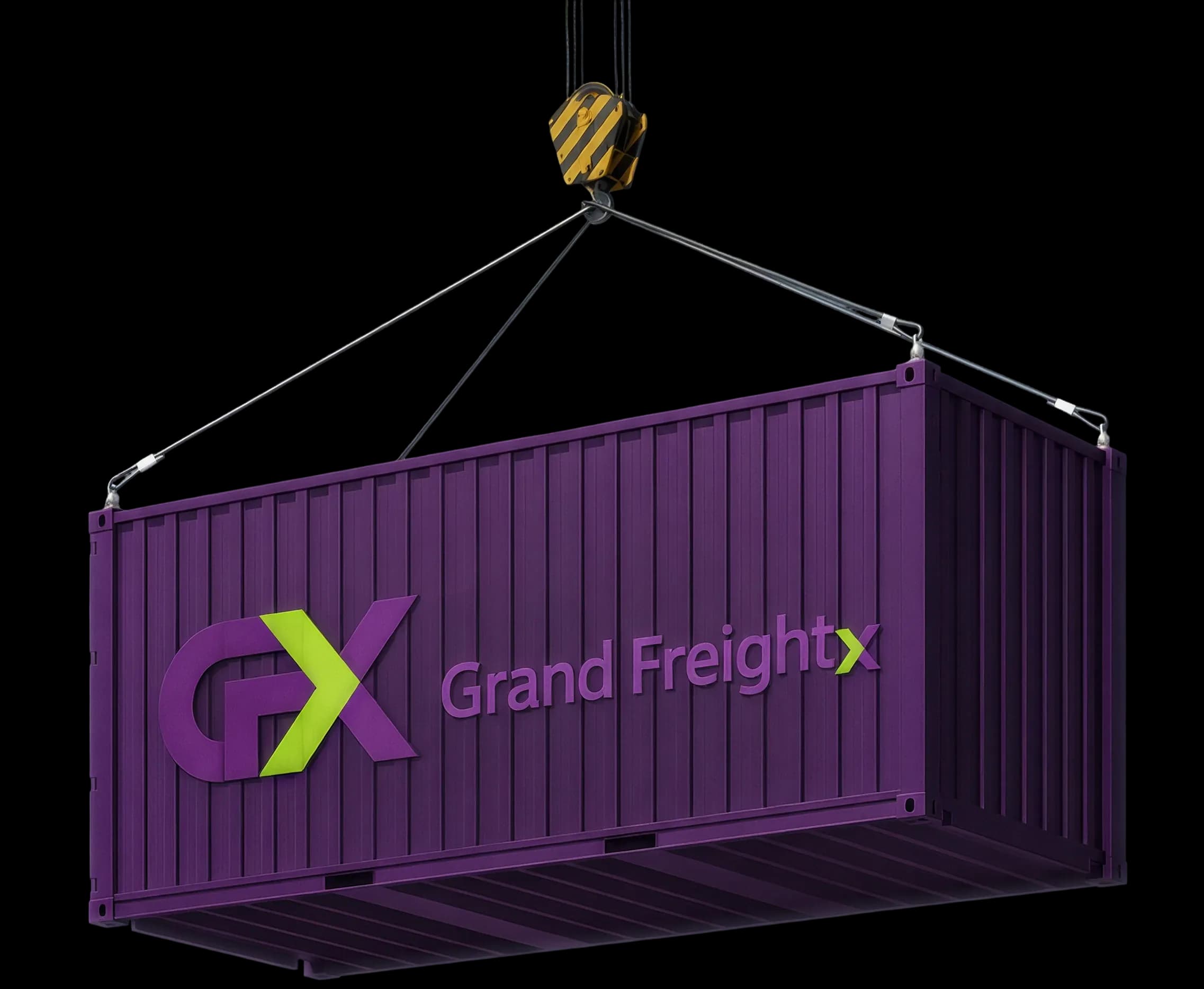 Purple Grand FreightX shipping container suspended from a crane hook